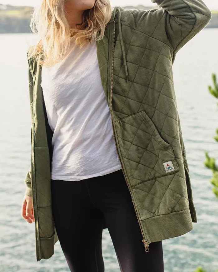 Passenger Clothing Getaway Recycled Cotton Quilted Full Zip Hoodie Khaki Women Activewear