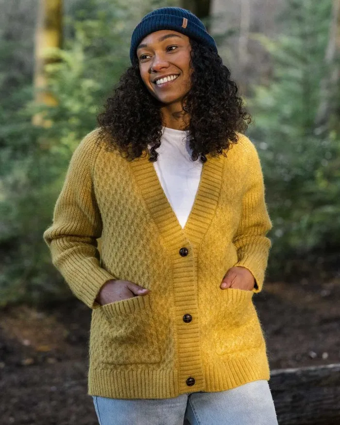 Passenger Clothing Homey Recycled Knitted Cable Cardigan Mustard Gold Women Knitwear