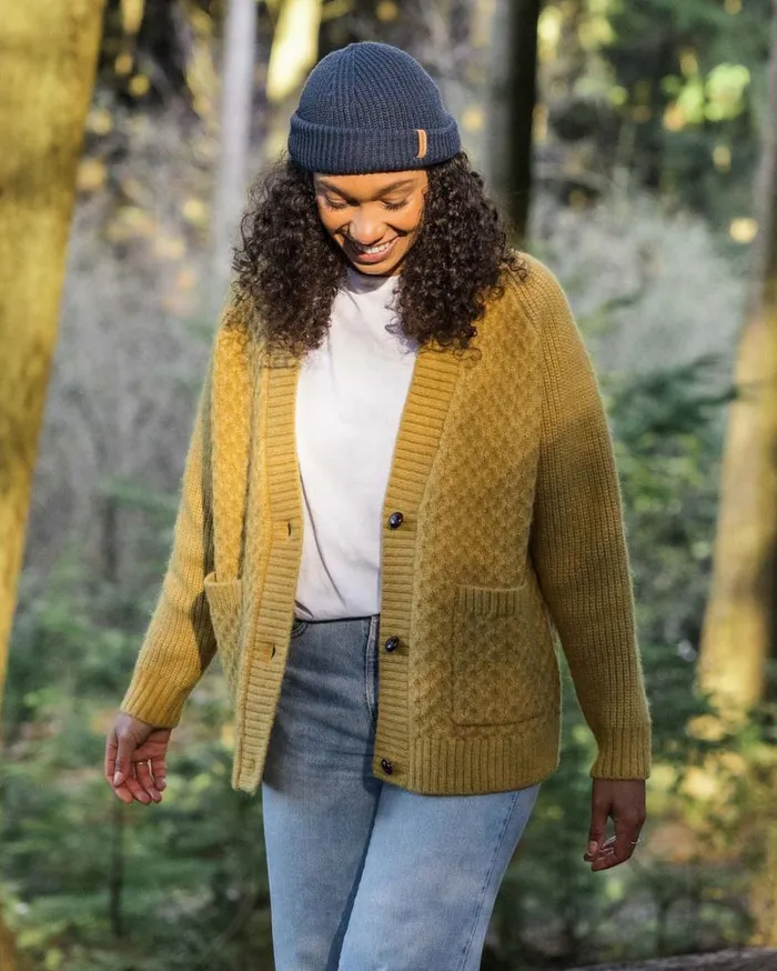 Passenger Clothing Homey Recycled Knitted Cable Cardigan Mustard Gold Women Knitwear