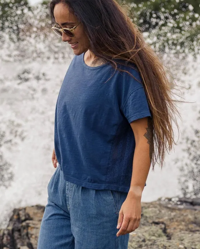 Passenger Clothing Magnolia Recycled Cotton Crochet Trim TShirt Dark Denim Women Tops and TShirts Passenger Clothing Magnolia Recycled Cotton Crochet Trim TShirt Dark Denim Women Tops and TShirts