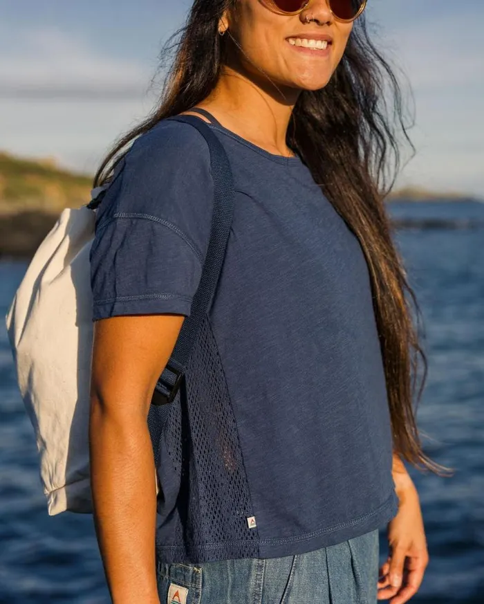 Passenger Clothing Magnolia Recycled Cotton Crochet Trim TShirt Dark Denim Women Tops and TShirts
