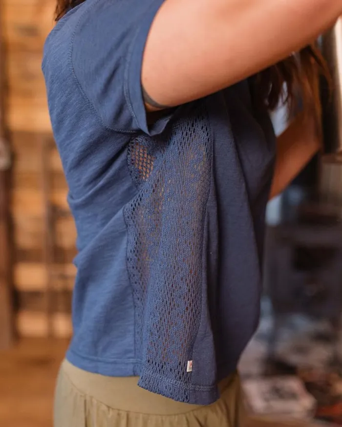 Passenger Clothing Magnolia Recycled Cotton Crochet Trim TShirt Dark Denim Women Tops and TShirts