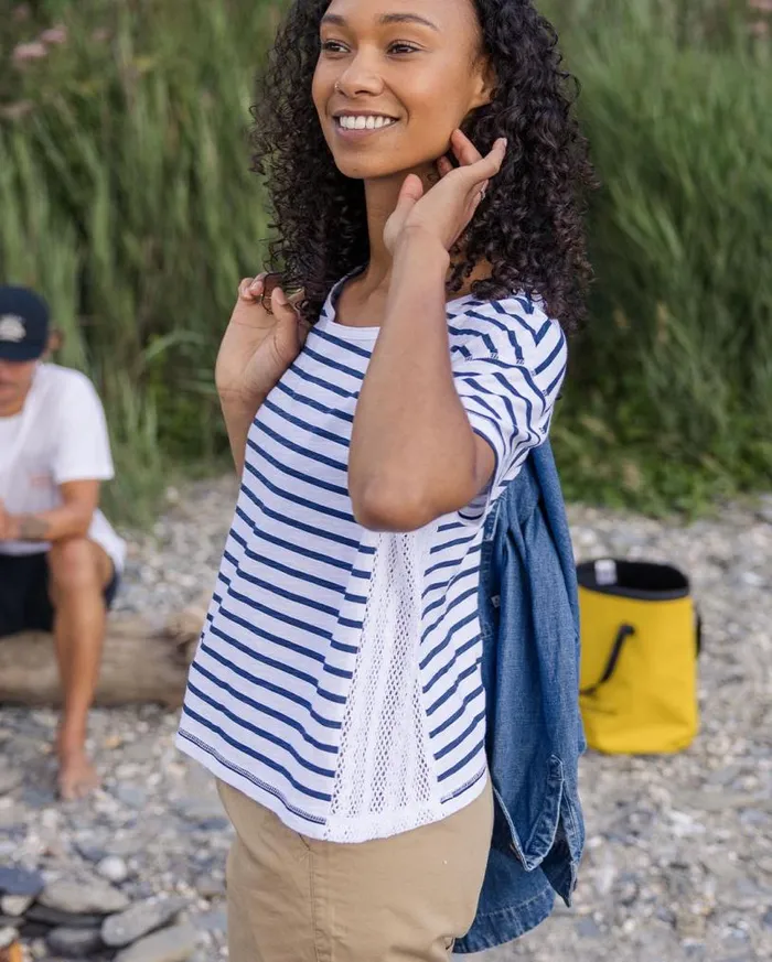 Passenger Clothing Magnolia Recycled Cotton Crochet Trim TShirt Navy Stripe Women Tops and TShirts Passenger Clothing Magnolia Recycled Cotton Crochet Trim TShirt Navy Stripe Women Tops and TShirts