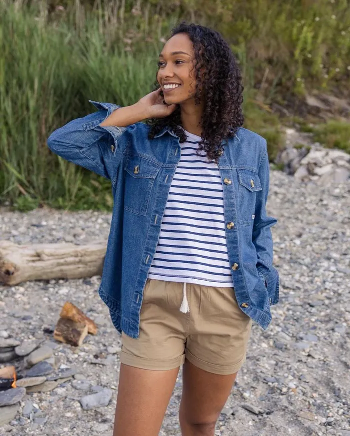 Passenger Clothing Magnolia Recycled Cotton Crochet Trim TShirt Navy Stripe Women Tops and TShirts