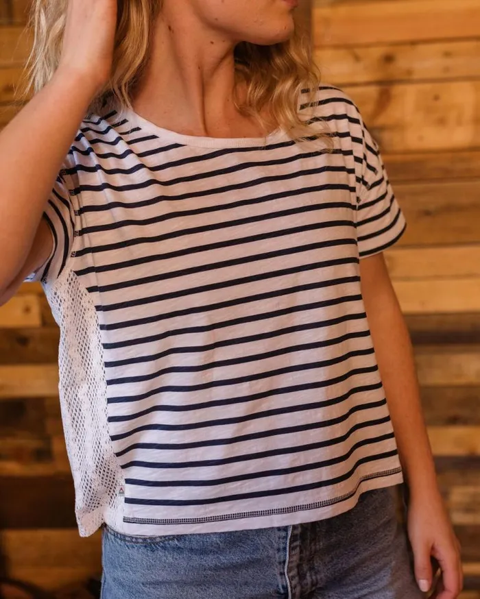 Passenger Clothing Magnolia Recycled Cotton Crochet Trim TShirt Navy Stripe Women Tops and TShirts