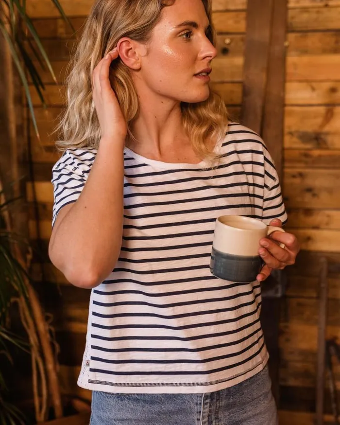 Passenger Clothing Magnolia Recycled Cotton Crochet Trim TShirt Navy Stripe Women Tops and TShirts