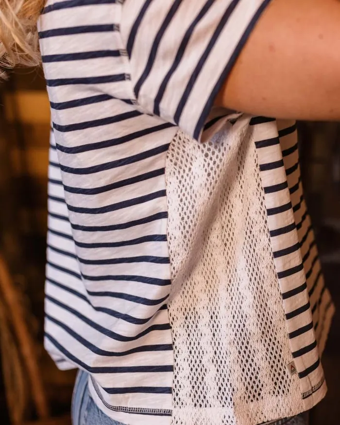 Passenger Clothing Magnolia Recycled Cotton Crochet Trim TShirt Navy Stripe Women Tops and TShirts