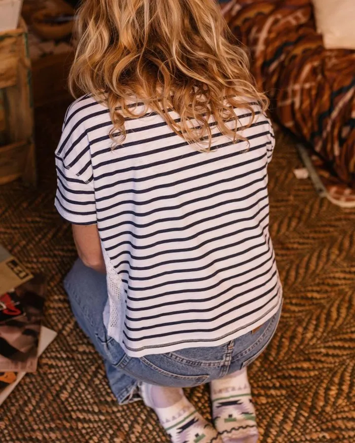 Passenger Clothing Magnolia Recycled Cotton Crochet Trim TShirt Navy Stripe Women Tops and TShirts
