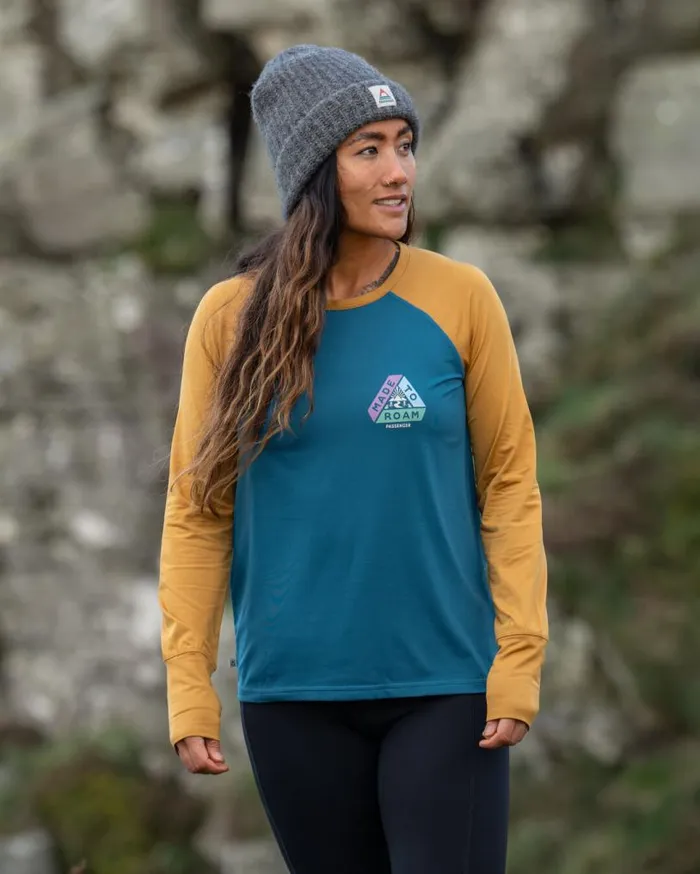 Passenger Clothing River Recycled Active LS TShirt Dusty Ochre Corsair Blue Women Activewear