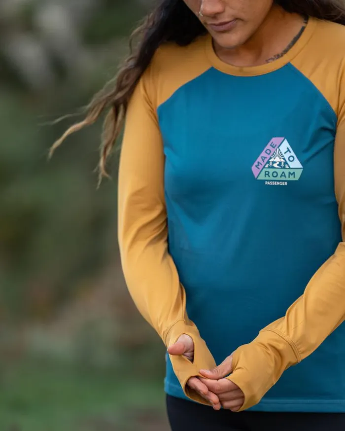 Passenger Clothing River Recycled Active LS TShirt Dusty Ochre Corsair Blue Women Activewear