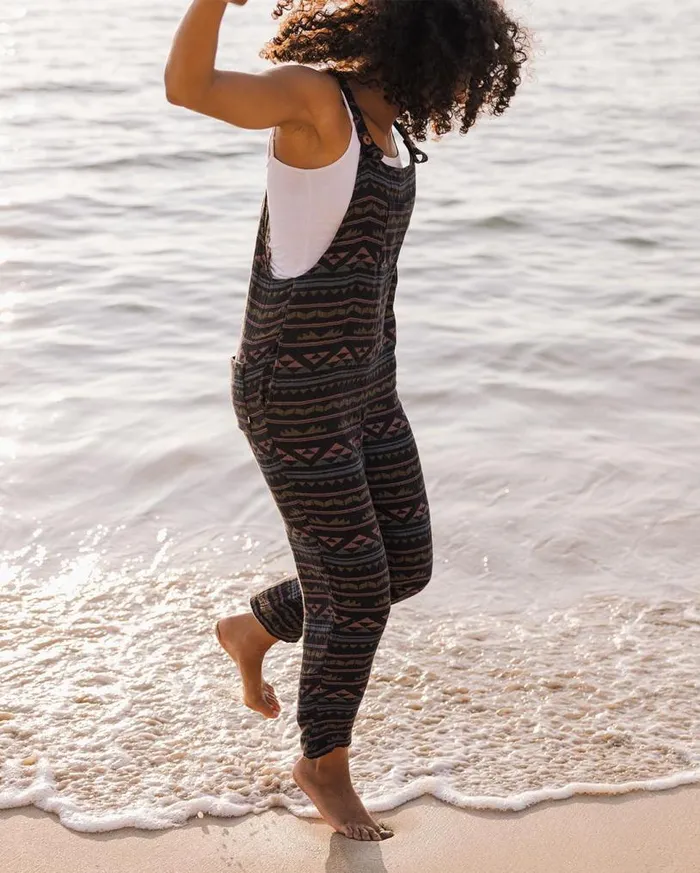 Passenger Clothing Serenity Organic Cotton Dungarees Black Geo Pattern Women Dungarees and Trousers