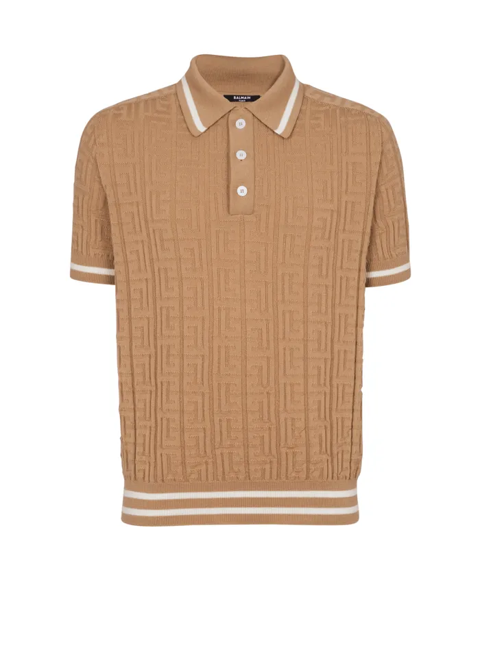 PB Labyrinth Wool Polo Shirt Beige Men Balmain Knitwear
