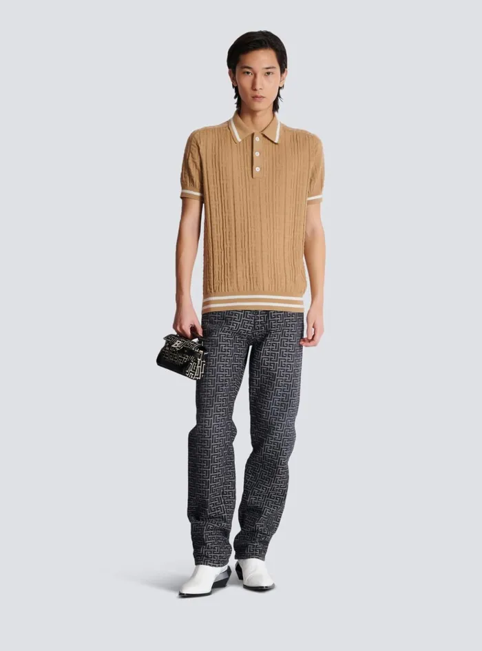 PB Labyrinth Wool Polo Shirt Beige Men Balmain Knitwear