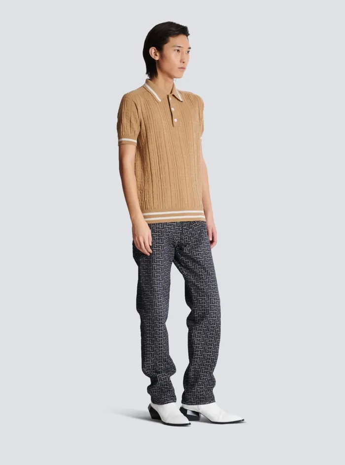 PB Labyrinth Wool Polo Shirt Beige Men Balmain Knitwear