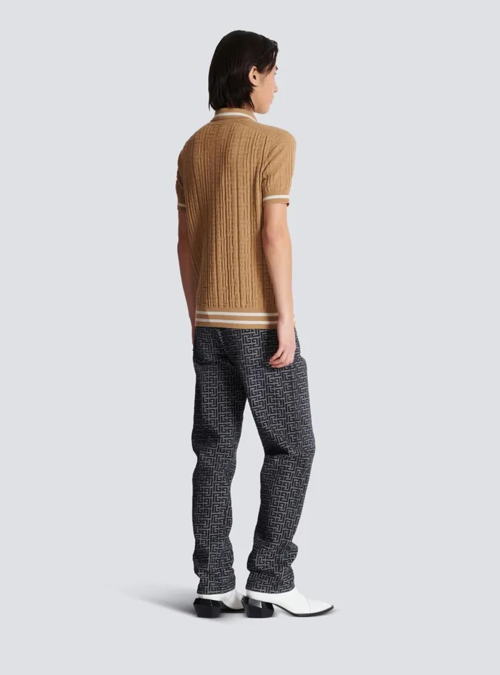 PB Labyrinth Wool Polo Shirt Beige Men Balmain Knitwear