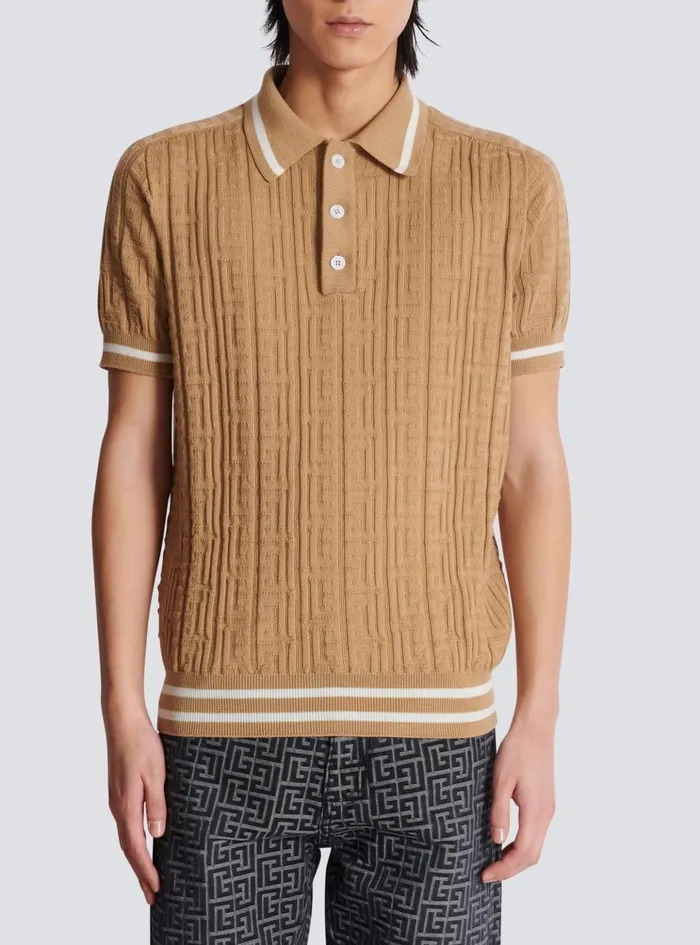 PB Labyrinth Wool Polo Shirt Beige Men Balmain Knitwear