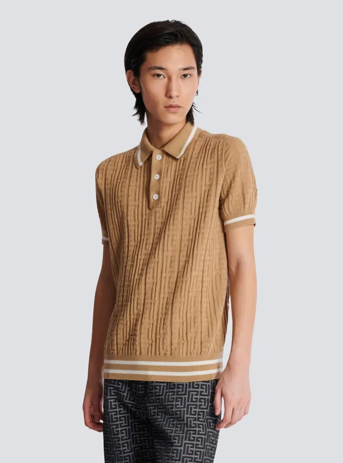 PB Labyrinth Wool Polo Shirt Beige Men Balmain Knitwear