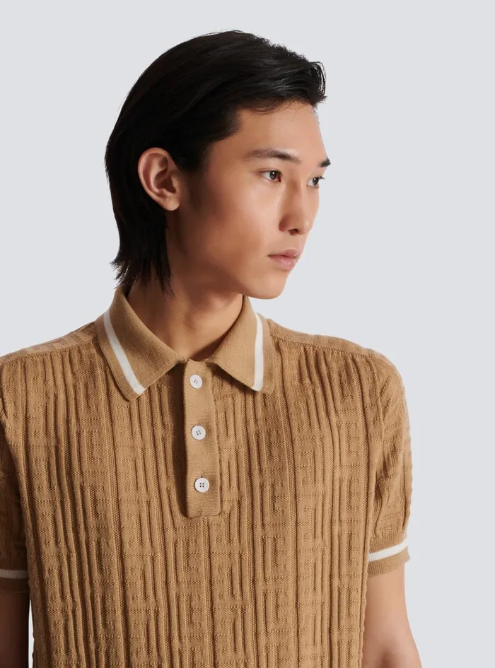 PB Labyrinth Wool Polo Shirt Beige Men Balmain Knitwear