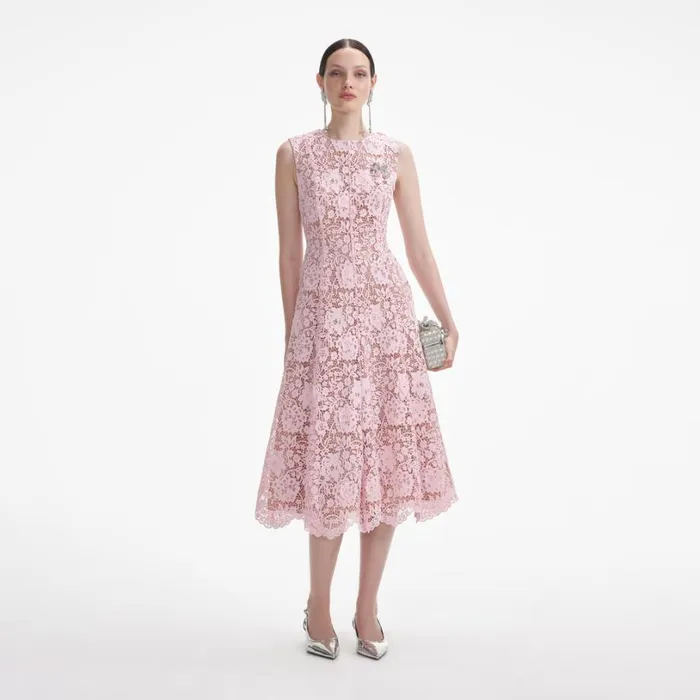 Pink Flower Lace Midi Dress Women Self Portrait Dresses