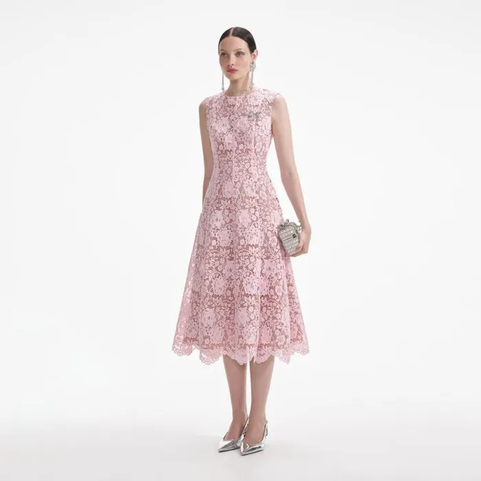 Pink Flower Lace Midi Dress Women Self Portrait Dresses