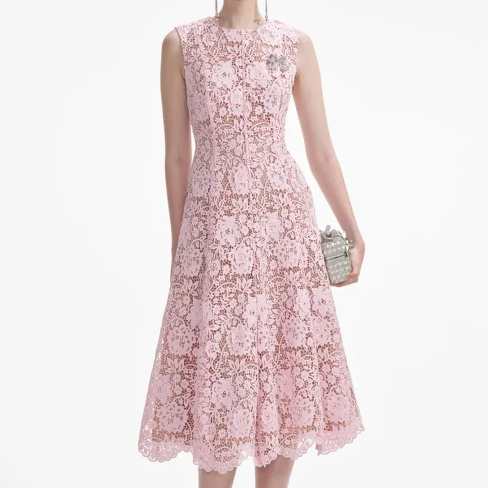Pink Flower Lace Midi Dress Women Self Portrait Dresses