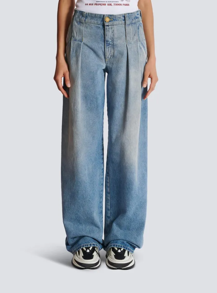Pleated Denim Jeans Blue Women Balmain Denim