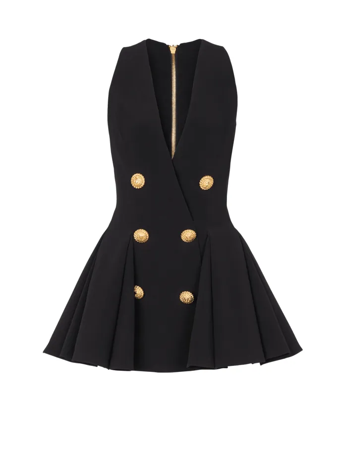 Pleated Flared Crepe Dress Black Women Balmain Dresses