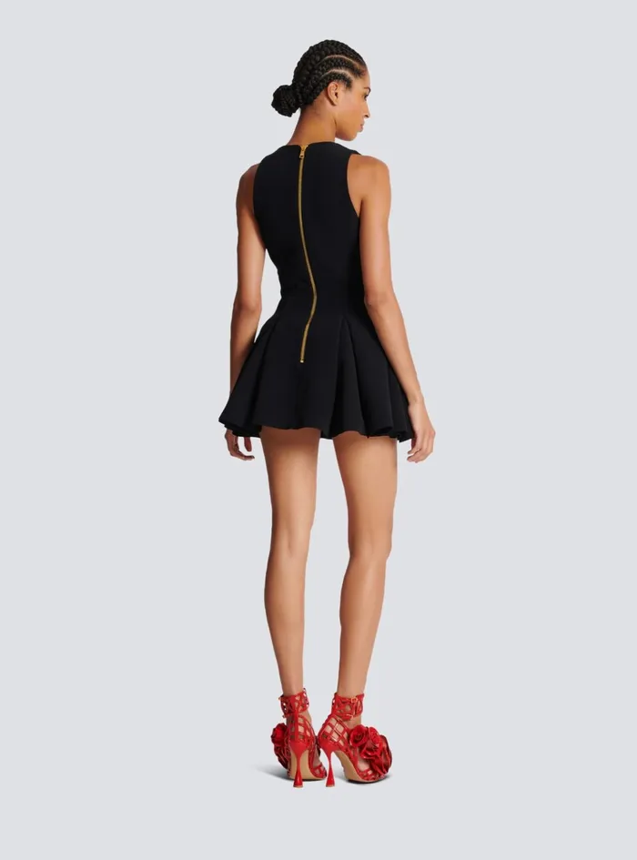 Pleated Flared Crepe Dress Black Women Balmain Dresses