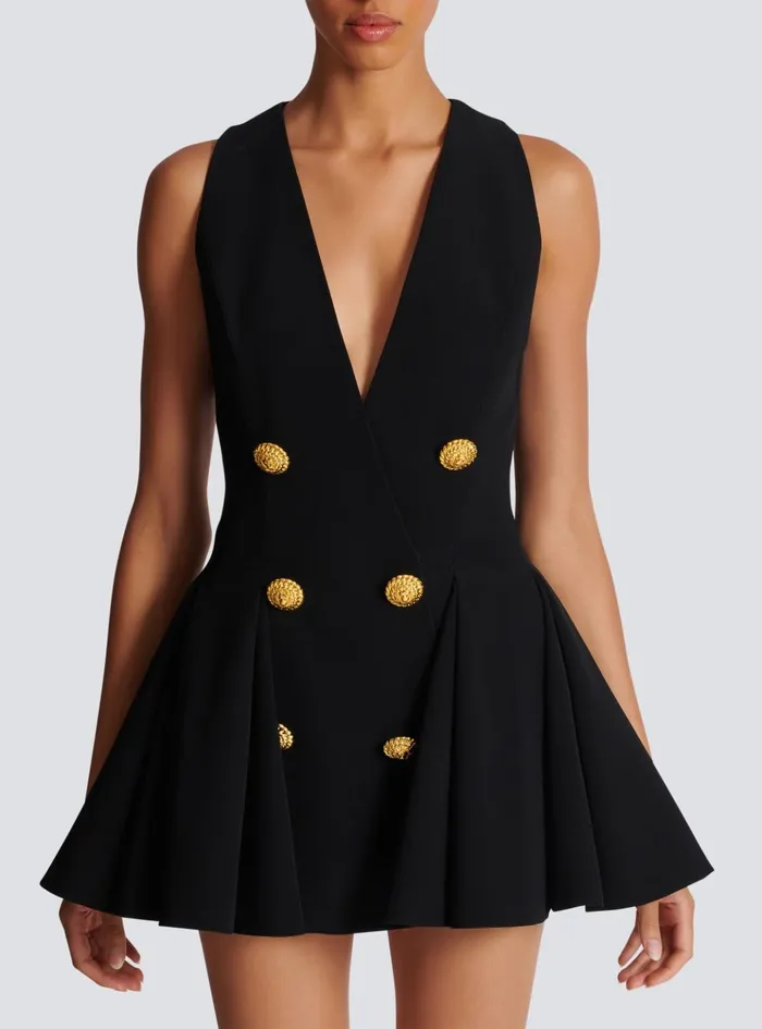 Pleated Flared Crepe Dress Black Women Balmain Dresses