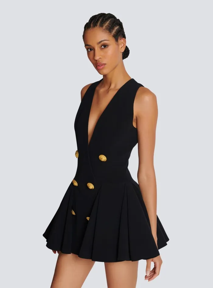 Pleated Flared Crepe Dress Black Women Balmain Dresses