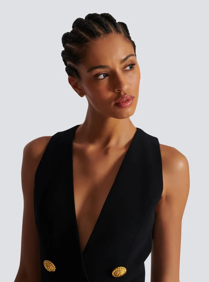 Pleated Flared Crepe Dress Black Women Balmain Dresses