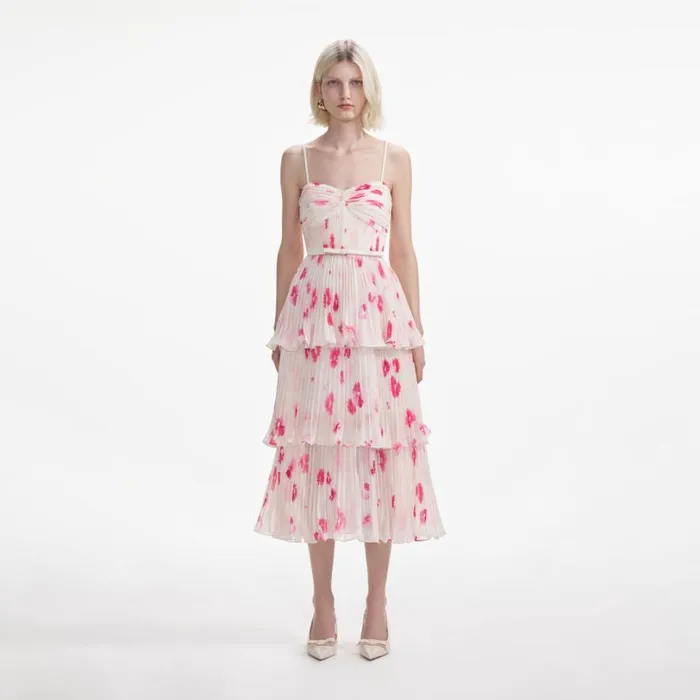 Printed Chiffon Tiered Midi Dress Women Self Portrait Dresses