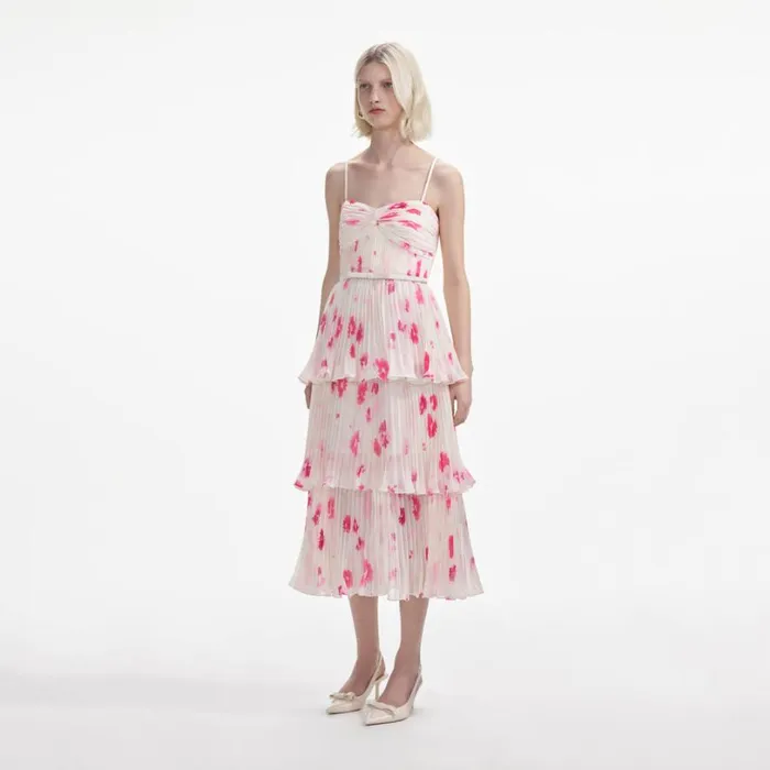 Printed Chiffon Tiered Midi Dress Women Self Portrait Dresses