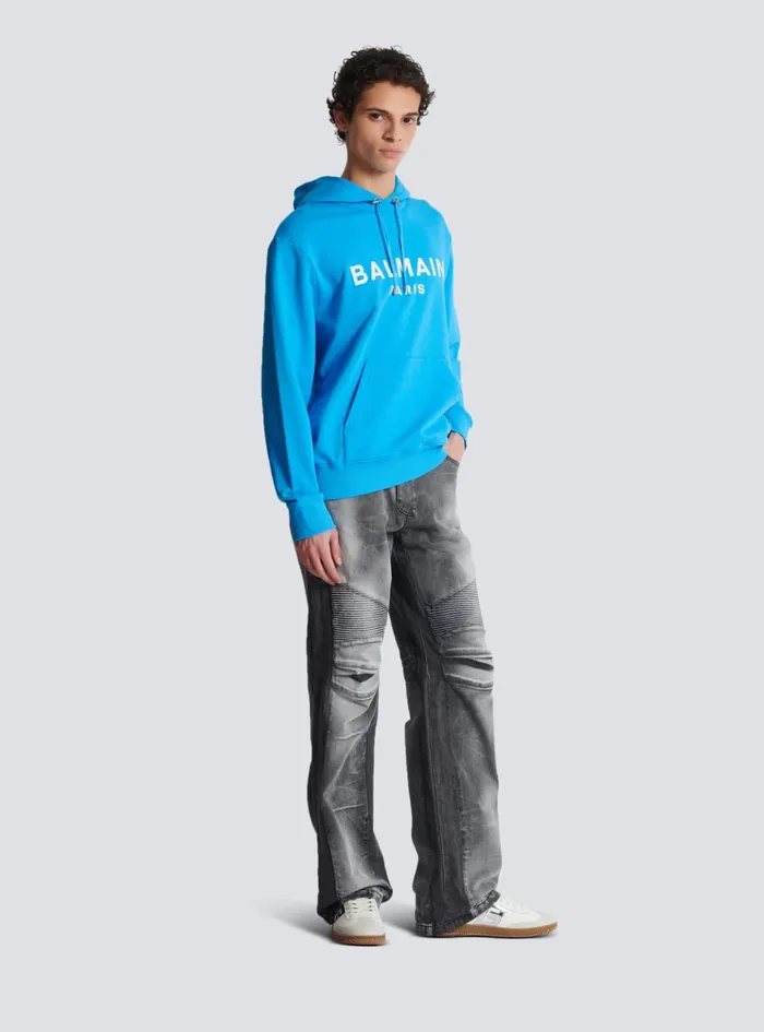 Printed Paris Hoodie Blue Men Balmain Sweatshirts