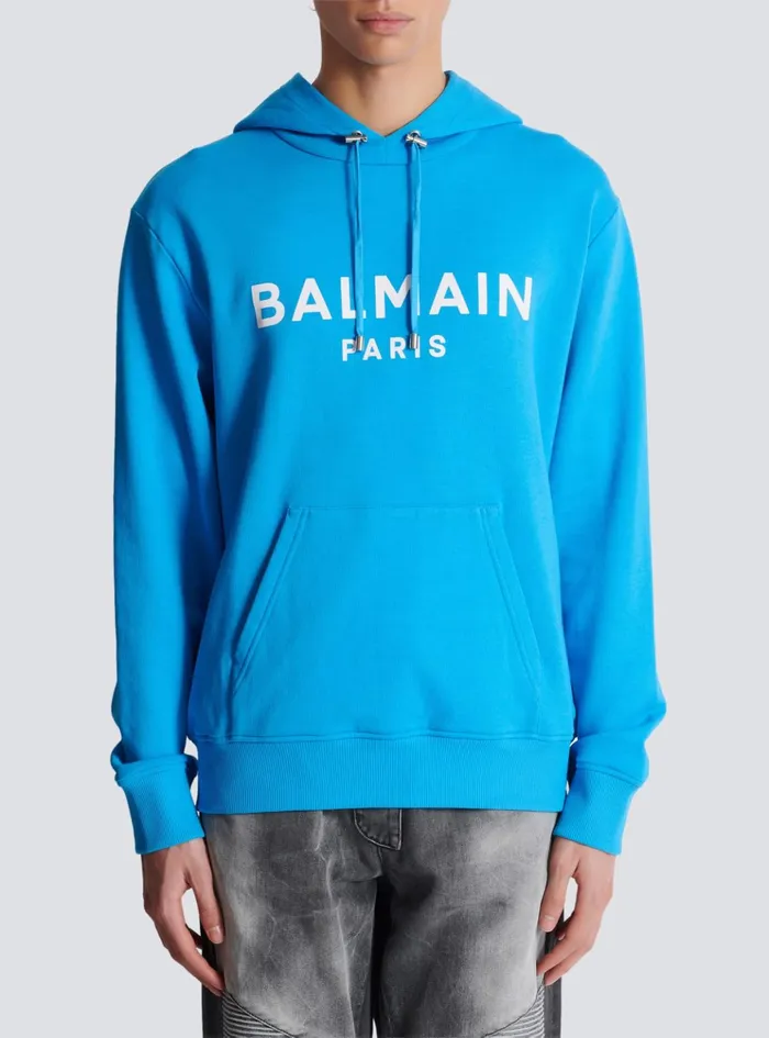 Printed Paris Hoodie Blue Men Balmain Sweatshirts