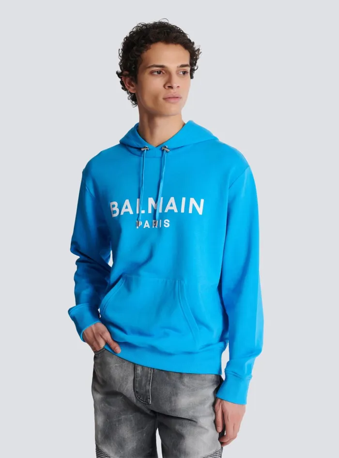 Printed Paris Hoodie Blue Men Balmain Sweatshirts
