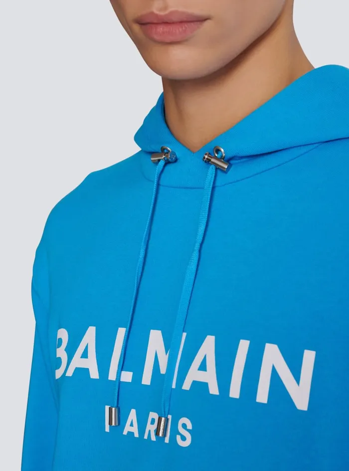 Printed Paris Hoodie Blue Men Balmain Sweatshirts