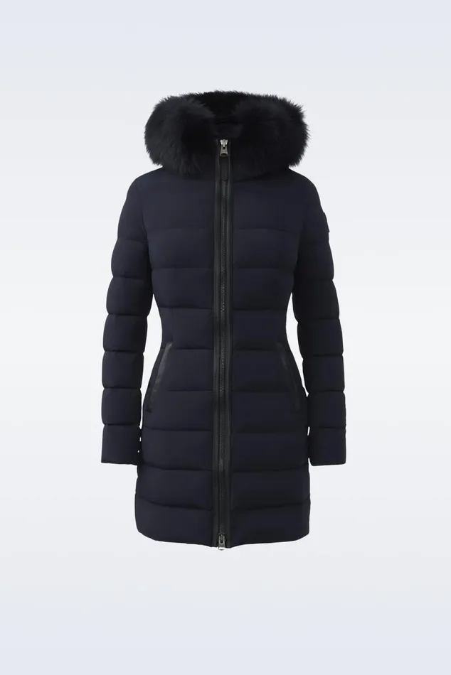 Puffers Women Mackage CALLA Agile360 Stretch Light Down Coat With Blue Fox Fur Collar Trench