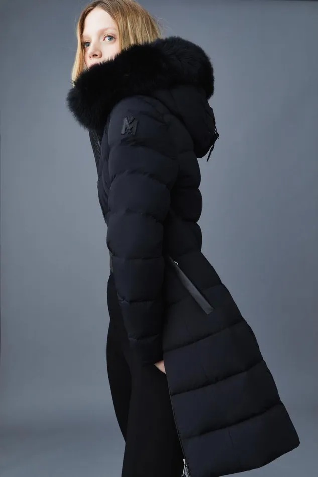 Puffers Women Mackage CALLA Agile360 Stretch Light Down Coat With Blue Fox Fur Collar Trench