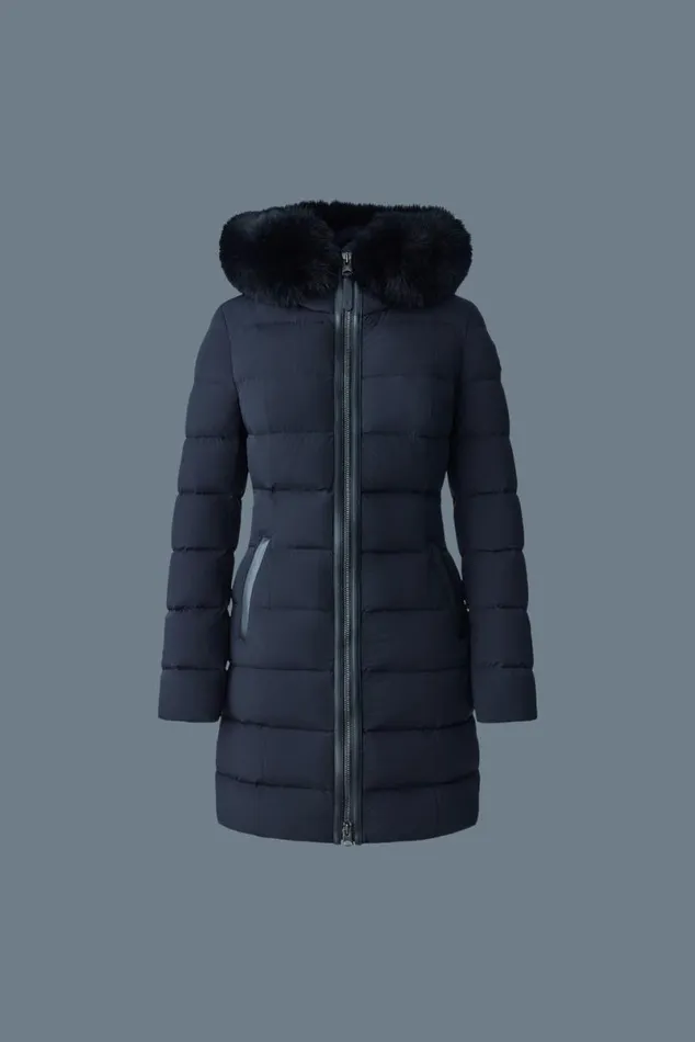 Puffers Women Mackage CALLA Agile360 Stretch Light Down Coat With Blue Fox Fur Collar Trench