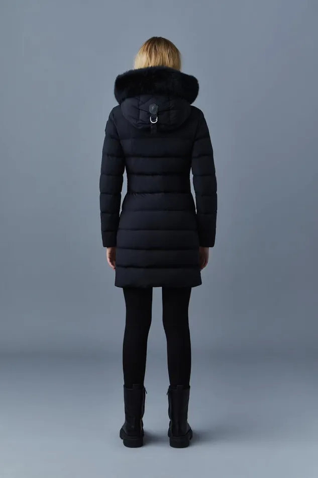 Puffers Women Mackage CALLA Agile360 Stretch Light Down Coat With Blue Fox Fur Collar Trench