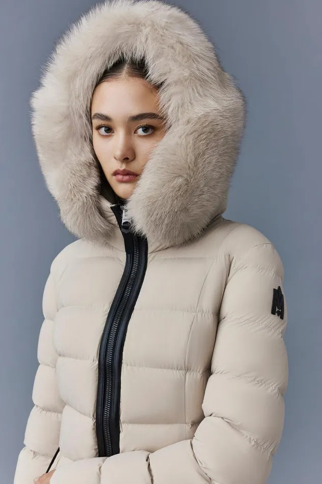 Puffers Women Mackage CALLA Agile360 Stretch Light Down Coat With Blue Fox Fur Collar Trench