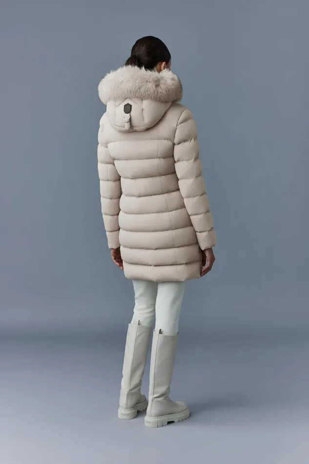 Puffers Women Mackage CALLA Agile360 Stretch Light Down Coat With Blue Fox Fur Collar Trench
