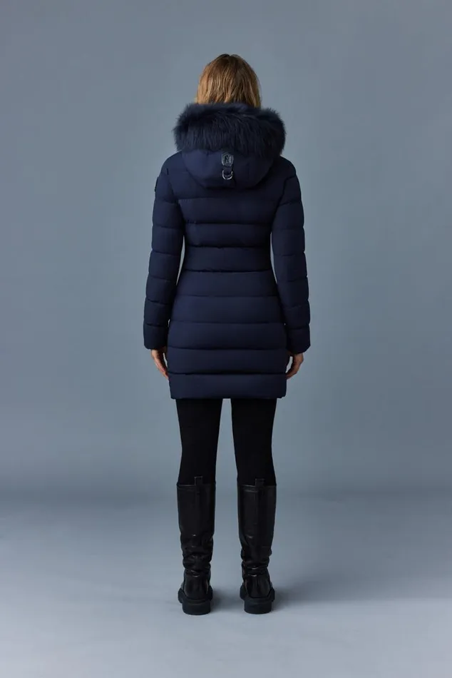 Puffers Women Mackage CALLA Agile360 Stretch Light Down Coat With Blue Fox Fur Collar Trench