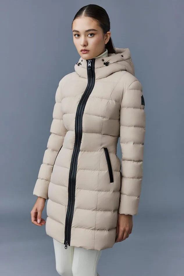 Puffers Women Mackage CALLA Agile360 Stretch Light Down Coat With Blue Fox Fur Collar Trench
