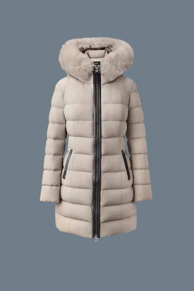 Puffers Women Mackage CALLA Agile360 Stretch Light Down Coat With Blue Fox Fur Collar Trench
