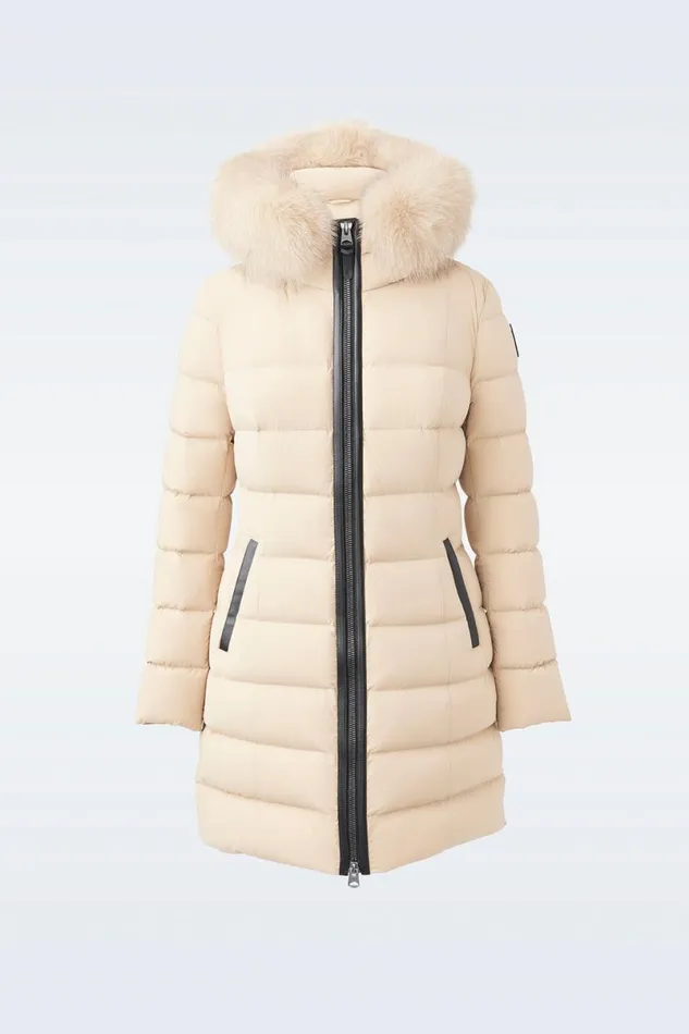 Puffers Women Mackage CALLA Agile360 Stretch Light Down Coat With Blue Fox Fur Collar Trench