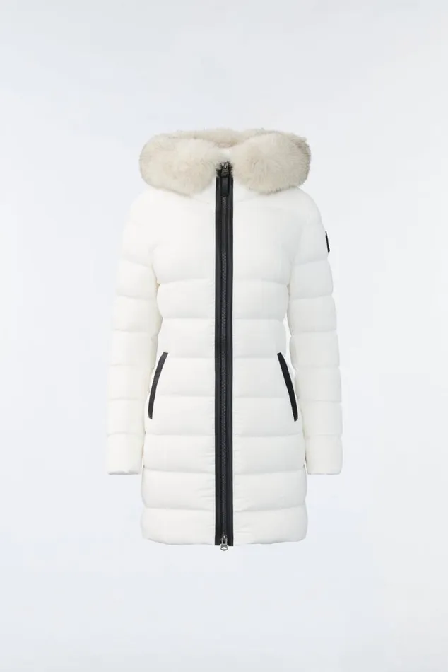 Puffers Women Mackage CALLA Agile360 Stretch Light Down Coat With Blue Fox Fur Collar Trench