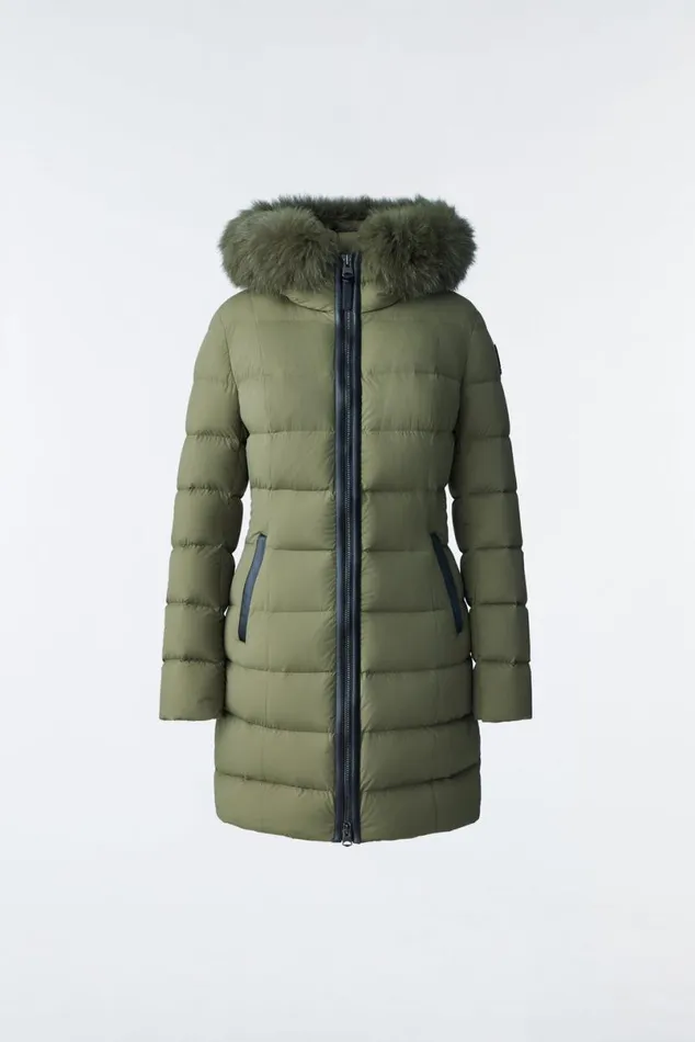 Puffers Women Mackage CALLA Agile360 Stretch Light Down Coat With Blue Fox Fur Collar Trench