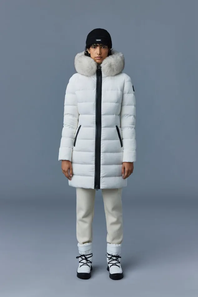 Puffers Women Mackage CALLA Agile360 Stretch Light Down Coat With Blue Fox Fur Collar Trench